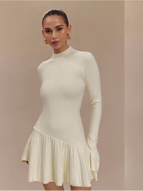 MESHKI Blair Knit Mini Dress Cream Long Sleeve Drop Waist Size L